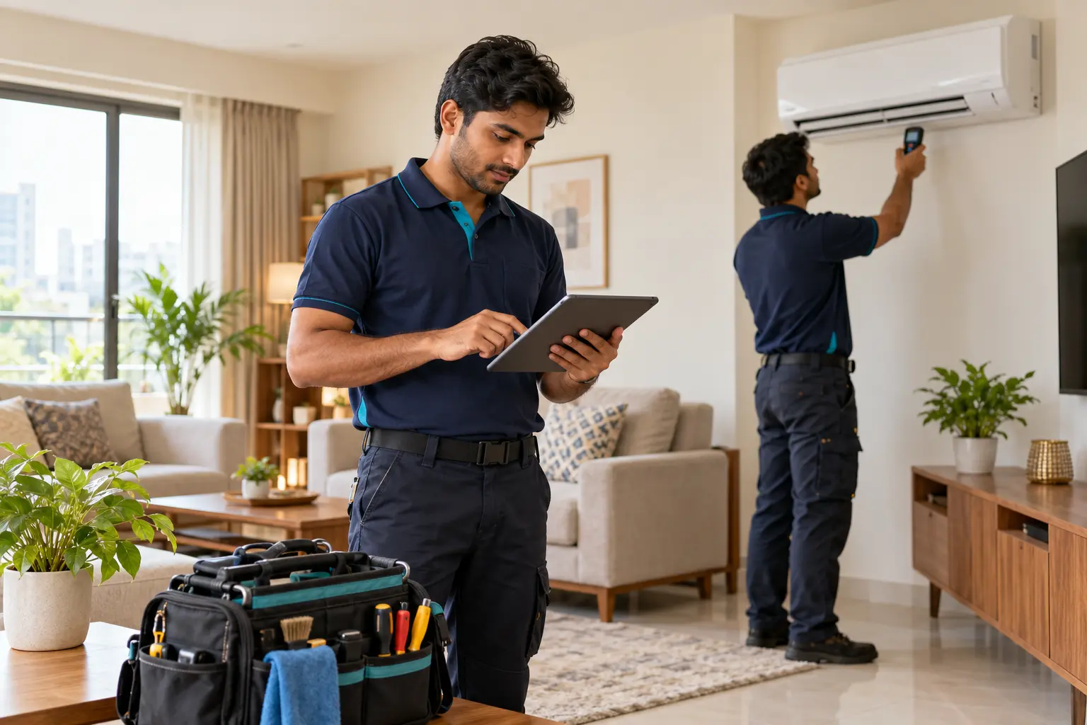 Illustration of service technicians reviewing job details on a tablet during AC maintenance